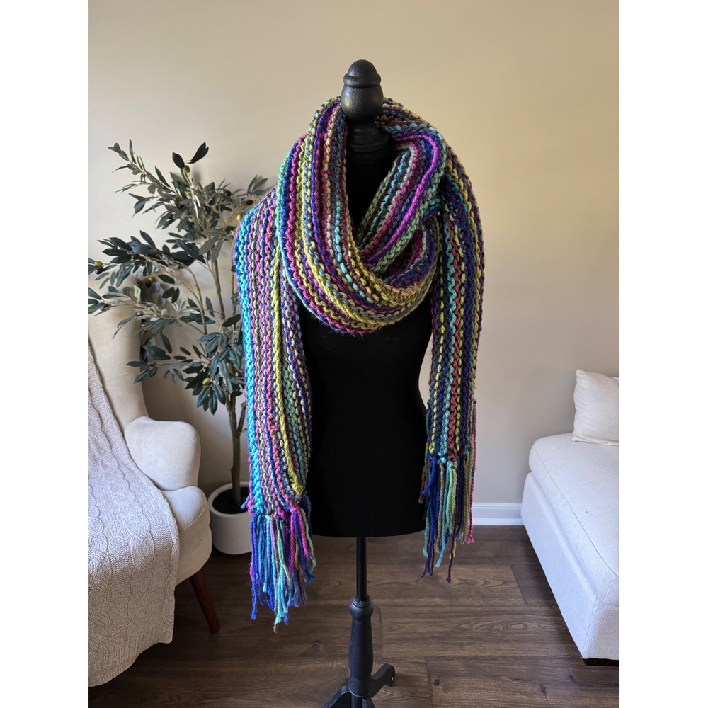 Handmade Chunky Knit Scarf Multicolor Fringed Oversized Ribbed Winter Wrap